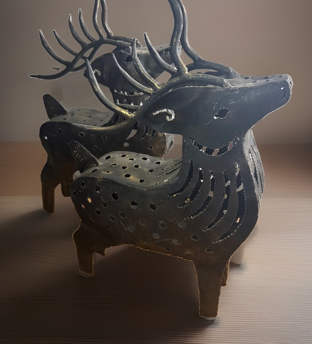 Vintage Lot of 2 Reindeer Folk Art Rustic Metal 16" Porch Decor Lantern Luminary